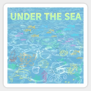 under the sea,blue sea,sea creatures,Turtle, puffer fish, starfish, shrimp, shark, tropical fish, sea horse, seaweed, sardines, squid, crabs, clams Sticker